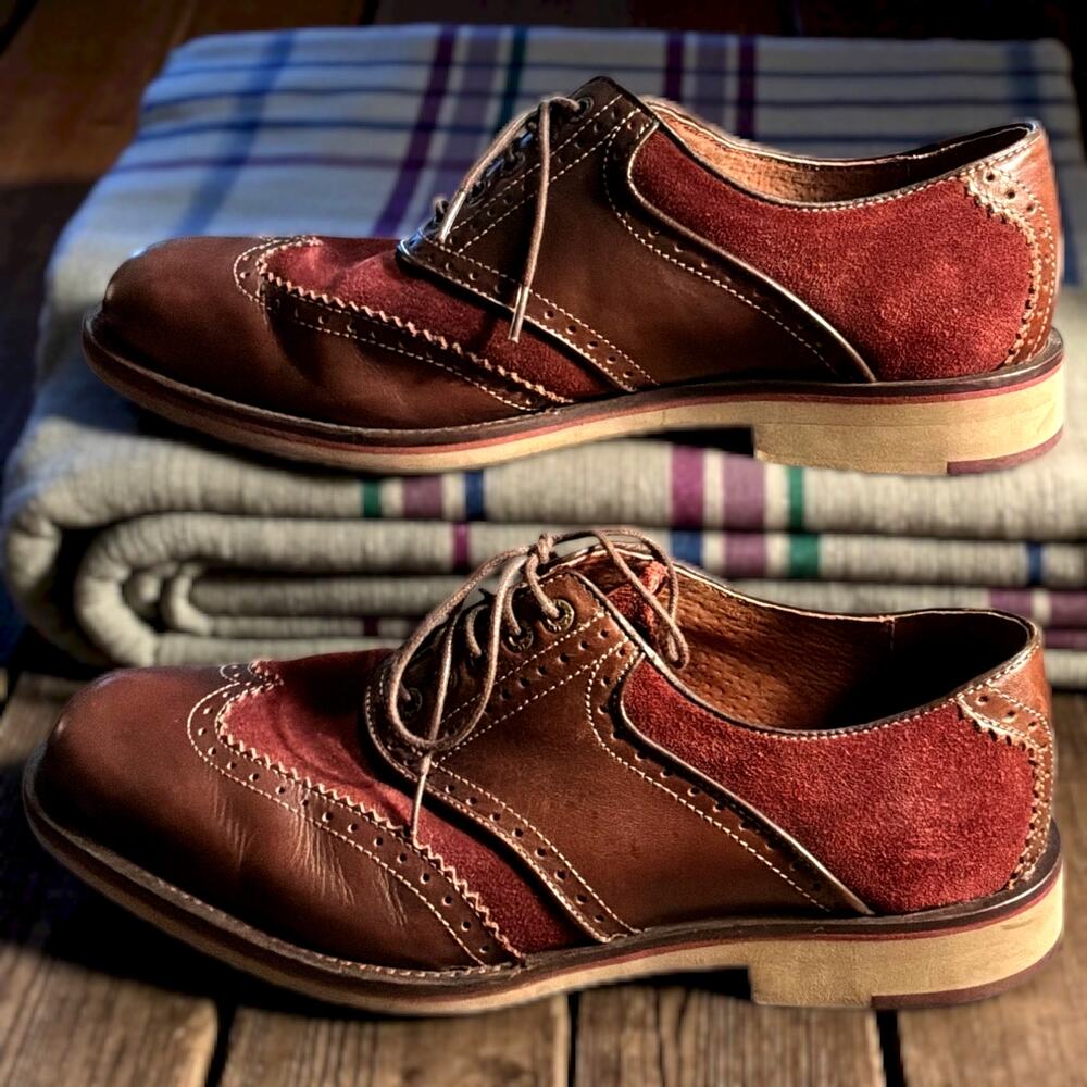 Men's Size 9.5 JOHNSTON & MURPHY Burgundy Leather Ellington Wingtip Oxfords EUC